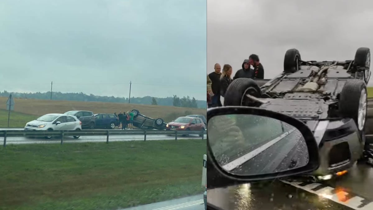 Trijų automobilių avarija kelyje A1: vienas iš jų apsivertė ant stogo (video)