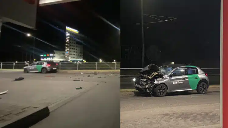 Vilniuje „Bolt“ įmonės automobilis rėžėsi į atitvarus