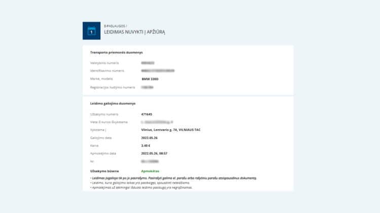 leidimas vaziuoti be technines apziuros kaina