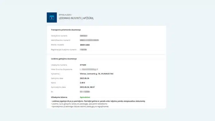 leidimas vaziuoti be technines apziuros kaina