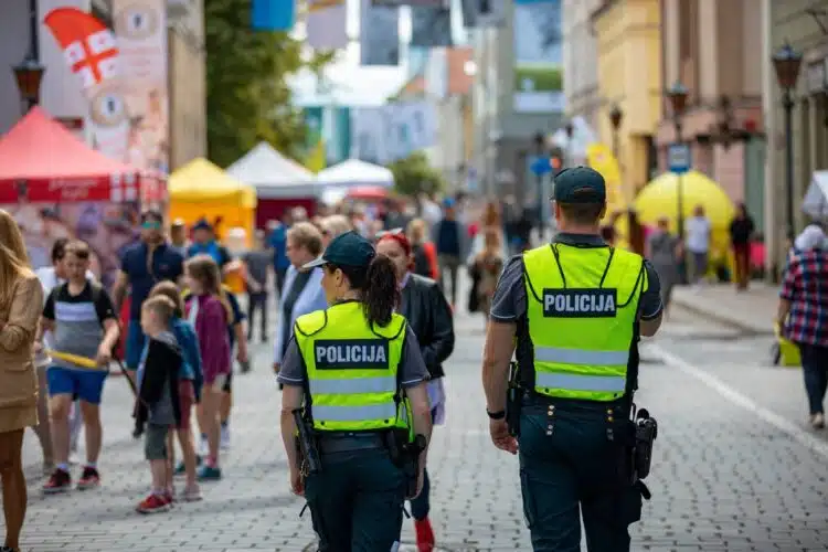 policijos pareigunai patruliuoja pesciomis