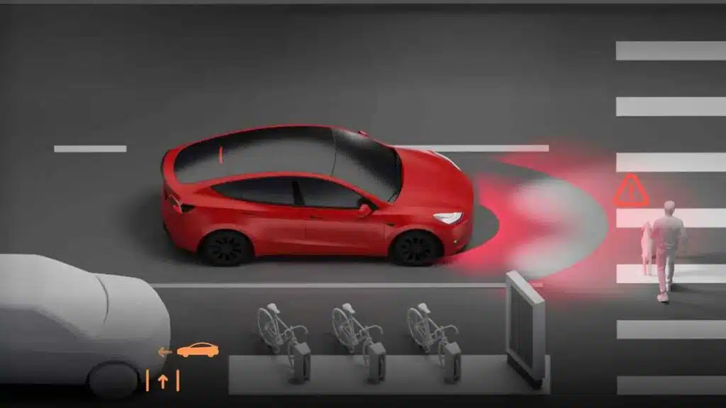 Tesla automatinio avarinio stabdymo aeb iliustracija