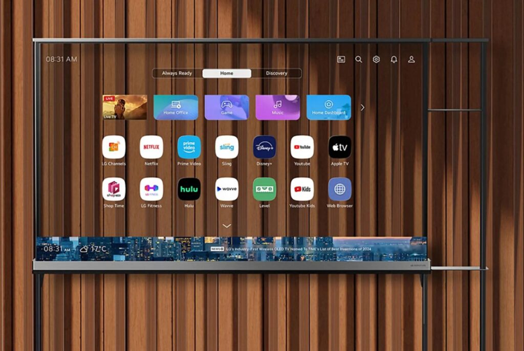 LG turi keletą ekrano užsklandų ir meniu, optimizuotų OLED T kad būtų pasiektas šis skandalingas permatomas efektas