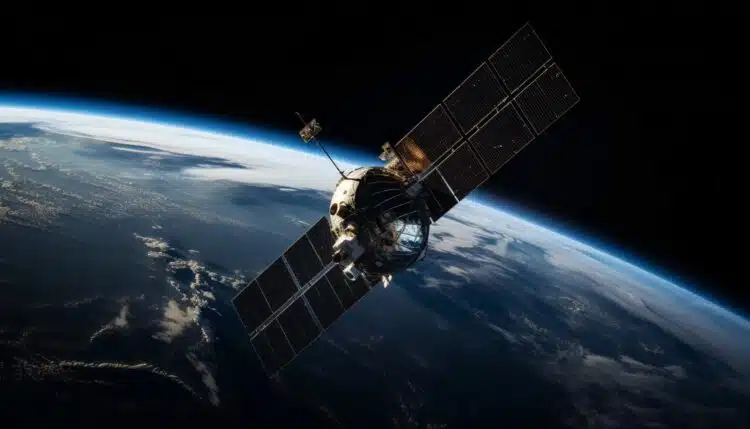 Orbitoje skriejantis palydovas su Žemės planeta fone