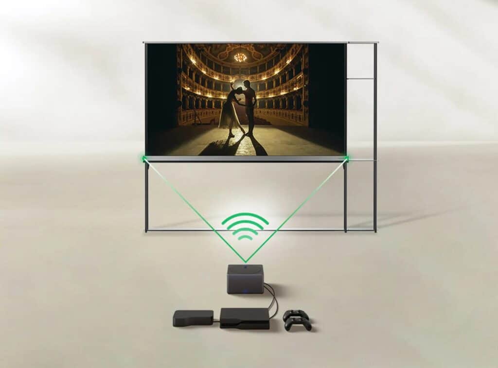 Prie LG Zero Connect Box galite prijungti konsoles ir televizorių priedėlius, o jis transliuos 4K 120 Hz signalą į OLED T ekraną, netrukdydamas netvarkingais kabeliais