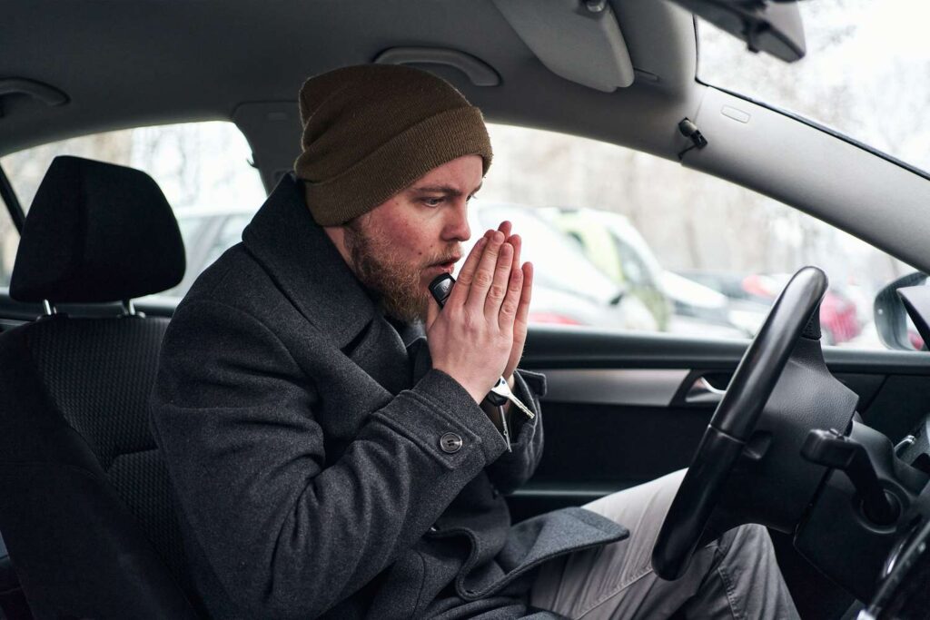 vyras sildosi automobilyje automobilio sildymas ziema