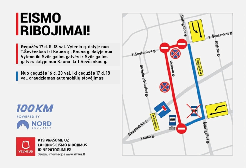 100 km begimas eismo ribojimai vytenio gatveje t. sevcenkos gatveje kauno gatveje