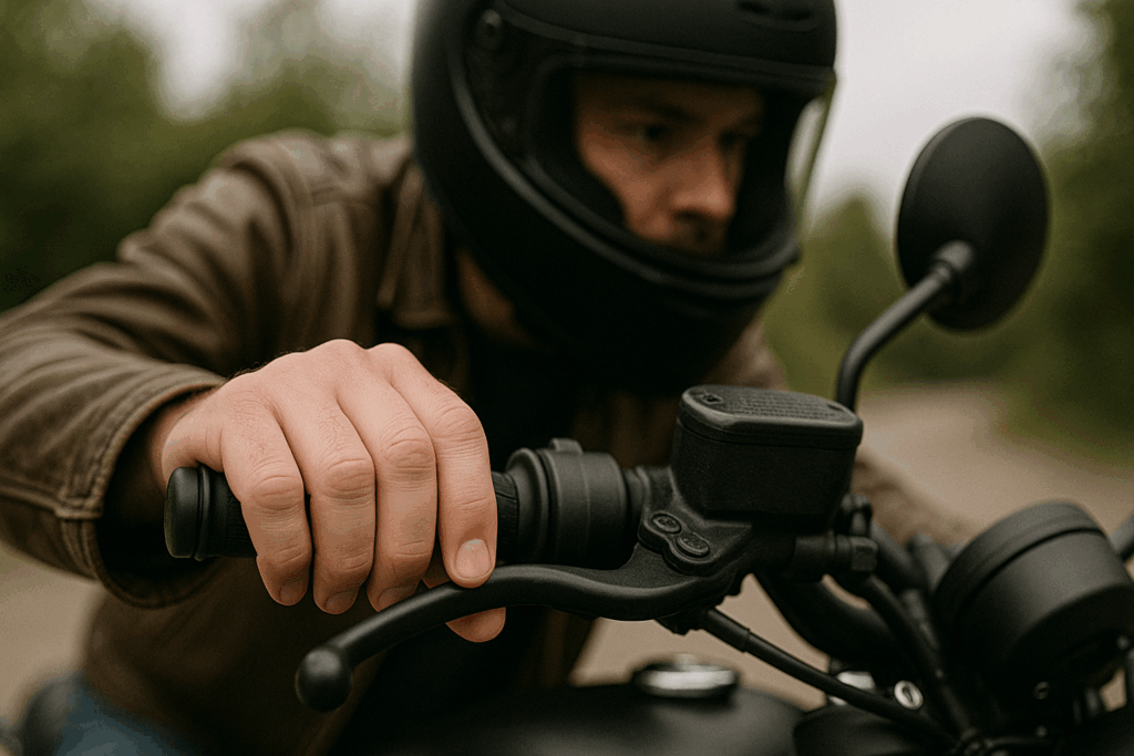 2 ar 4 pirštai Kiek reikia spausti sankabą ir stabdžius saugiai motociklas motociklo vairuotojas spaudzia stabdi sankaba