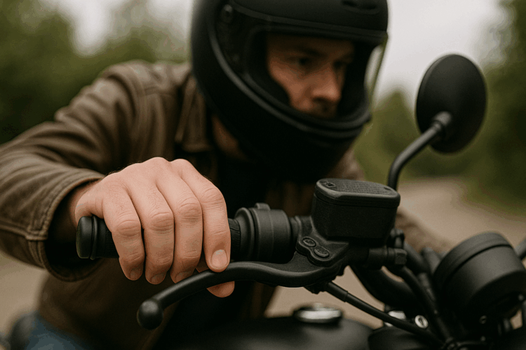2 ar 4 pirštai Kiek reikia spausti sankabą ir stabdžius saugiai motociklas motociklo vairuotojas spaudzia stabdi sankaba