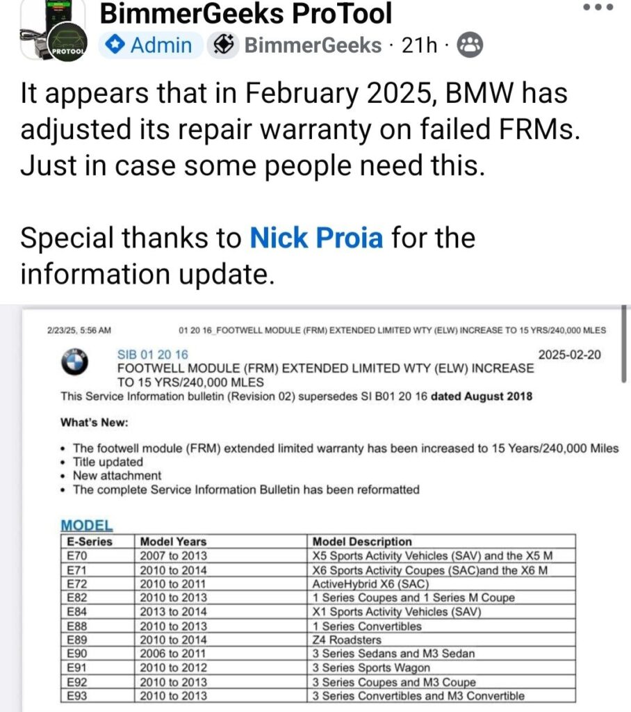 pratesta bmw frm modulio garantija e serijos savininkams