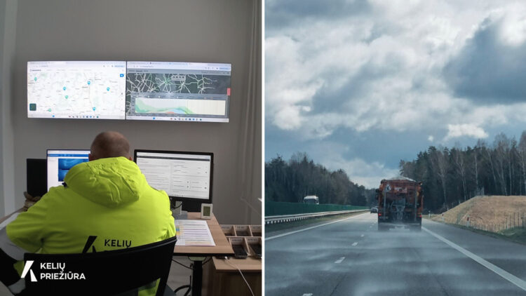 Kelių priežiūros technika barsto druską prieš plikledį