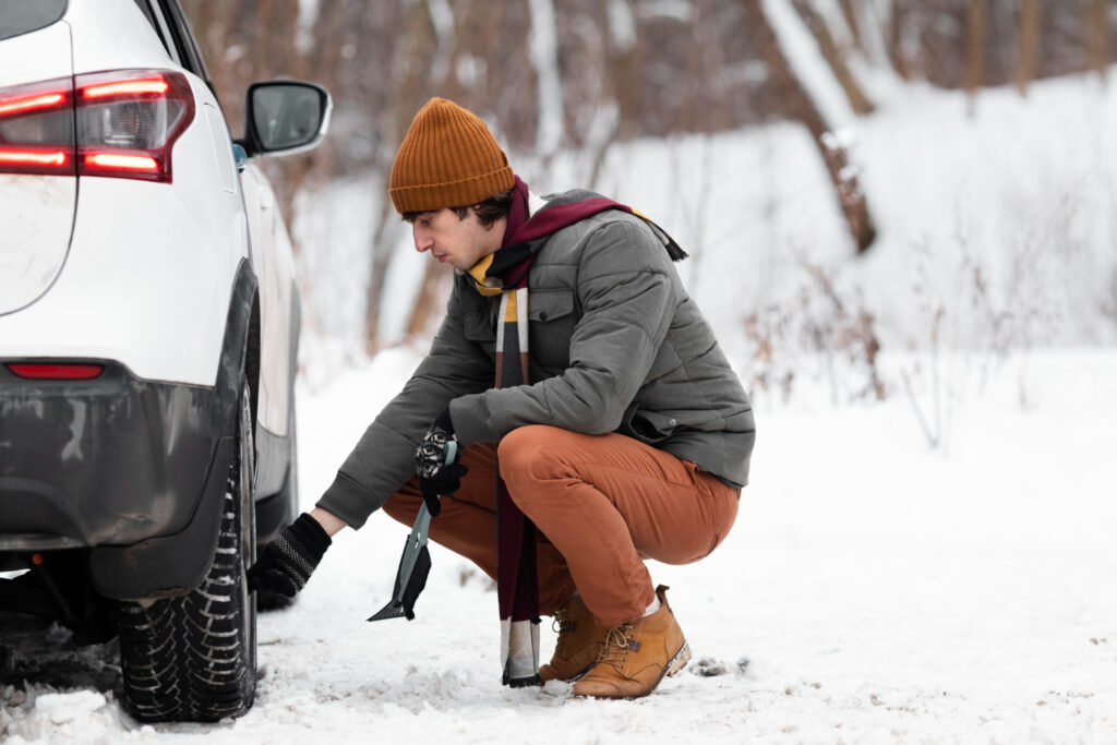 vyras pritupes prie automobilio padangos ziema padangu slegis
