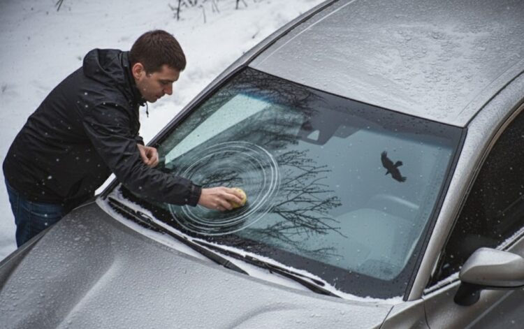vyras ziema trina bulve priekini automobilio stikla