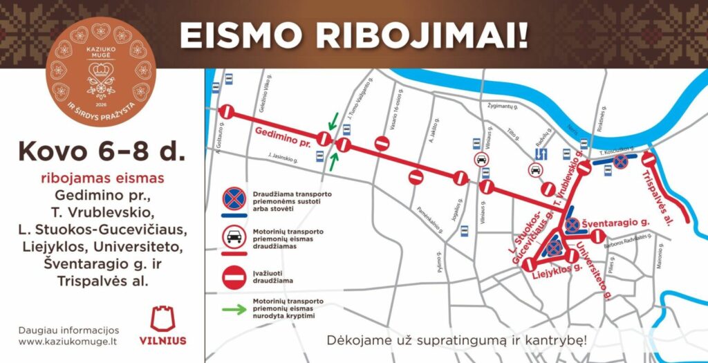 eismo ribojimai per kaziuko muge vilniuje 2026