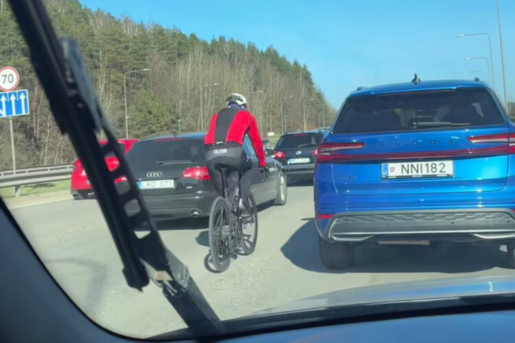 dviratininkas vaziuojamojoje kelio dalyje tarp automobiliu