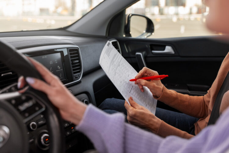 moteris vairuoja automobili su vairavimo instruktoriumi
