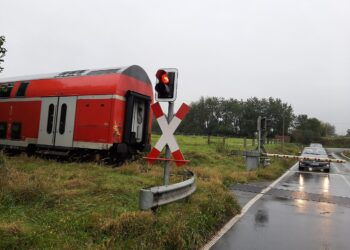 Degantis raudonas signalas prie geležinkelio pervažos, pro šalį važiuoja traukinys.