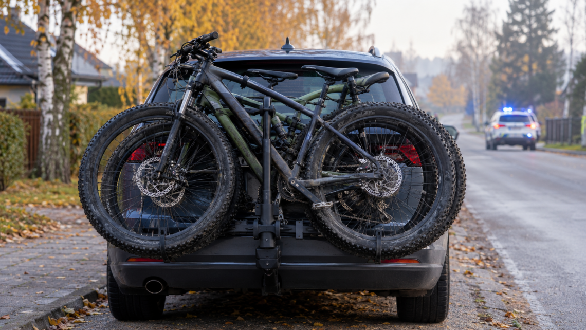dviraciu transportavimas automobiliu ant bagazines ir policijos pareigunu tarnybinis automobilis