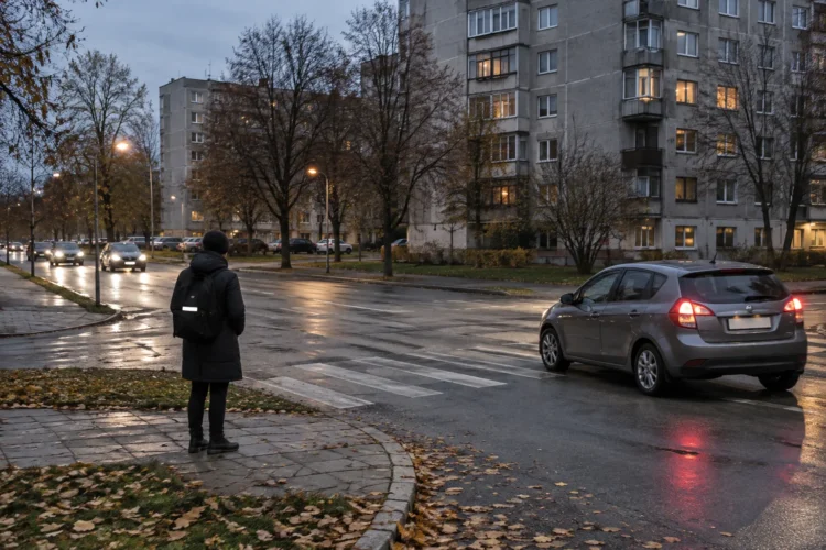 Pėsčiasis dar tik stovi ant šaligatvio krašto, kai vairuotojas suka sankryžoje – ar galima važiuoti? 1 Pėsčiųjų praleidimas sankryžoje